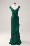Red Chiffon Mermaid V-Neck Maxi Bridesmaid Dress with Ruffles