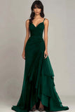 Ink Blue Spaghetti Straps Ruched Chiffon Maxi Formal Dress with Ruffles