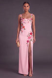 Black Floral Sheath Thick Straps Long Wedding Guest Dress with Slit
