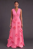 Fuchsia and Orange Floral A Line V-Neck Long Formal Dress