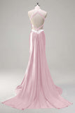 Pink Beaded Corset Satin Mermaid Sweep Train Prom Dress