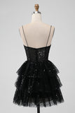 Sparkly Black Tiered Spaghetti Straps Cocktail Dress with Sequins