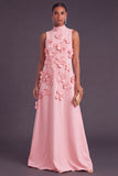 Blue Floral High Neck A Line Long Formal Dress
