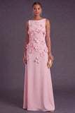 Hot Pink Floral Boat Neck A Line Long Formal Dress