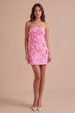 Hot Pink Floral Bodycon Strapless Short Cocktail Dress