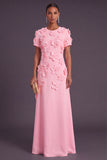 Blue Floral A Line Round Neck Long Formal Dress with Sleeves