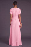 Blue Floral A Line Round Neck Long Formal Dress with Sleeves
