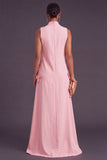 Blue Floral High Neck A Line Long Formal Dress