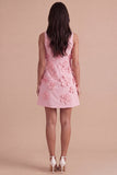 A Line Hot Pink Floral Appliqued Short Cocktail Dress