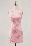 Light Blue Floral Bodycon Halter Neck Short Cocktail Party Dress