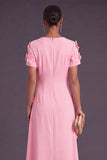 Blue Floral A Line Round Neck Long Formal Dress with Sleeves