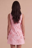 A Line Hot Pink Floral Appliqued Short Cocktail Dress