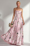 Satin Blue Floral Strapless Backless Long Bridesmaid Dress