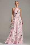 Halter Neck A Line Floral Blue Long Bridesmaid Dress