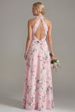 Halter Neck A Line Floral Blue Long Bridesmaid Dress