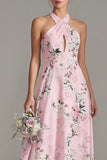 Halter Neck A Line Floral Blue Long Bridesmaid Dress