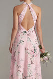 Halter Neck A Line Floral Blue Long Bridesmaid Dress