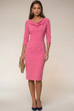 Navy Bodycon Cowl Neck Long Sleeves Midi Work Dress
