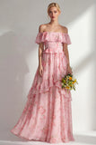 Yellow Pink Floral Hater Neck A Line Ruffled Long Bridesmaid Dress