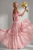 Yellow Pink Floral Hater Neck A Line Ruffled Long Bridesmaid Dress