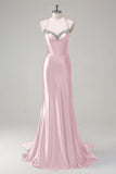 Pink Beaded Corset Satin Mermaid Sweep Train Prom Dress