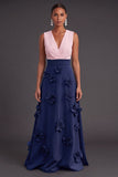 Fuchsia and Orange Floral A Line V-Neck Long Formal Dress