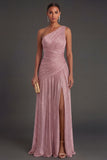 One Shoulder Gold Sheath Ruched Long Formal Dress with Slit