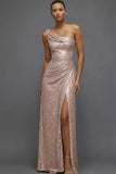 Sparkly Champagne Sequin One Shoulder Ruched Long Prom Dress with Slit