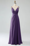 A-Line Pleated Spaghetti Straps Chiffon Bridesmaid Dress With Slit