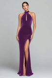 Burgundy Velvet Halter Keyhole Mermaid Maxi Holiday Party Dress with Slit