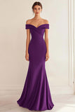 Simple Navy Off the Shoulder Satin Mermaid Long Formal Dress
