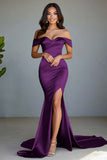 Dusty Rose Off the Shoulder Mermaid Elegant Maxi Prom Dress with Slit