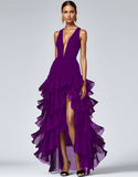 A Line Plum Sleeveless V-Neck Tiered Long Formal Dress with Slit