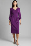 Royal Blue Satin Bodycon V-Neck Midi Work Dress with Sleeves