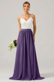 Pine A-Line Spaghetti Straps Pleated Long Bridesmaid Dress With Lace