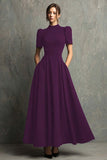 Black Short Sleeves High Neck A-Line Long Formal Dress with Pockets