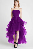 Navy Tulle Strapless A Line High Low Formal Dress with Ruffles