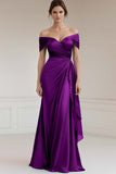 Satin Peacock Sheath Off the Shoulder Long Formal Dress