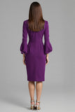 Navy Satin Midi Bodycon Work Dress with Long Sleeves