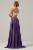 Pine A-Line Spaghetti Straps Pleated Long Bridesmaid Dress With Lace