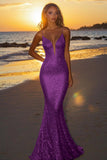 Sparkly Plum Spaghetti Straps Sequined Mermaid Formal Dress