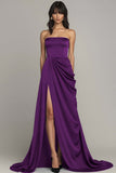 Black Strapless Satin Ruched A Line Maxi Formal Dress with Slit