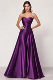 Plum A Line Strapless Satin Maxi Prom Dress
