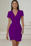 Ivory V-Neck Pleated Short Pencil Work Dress with Sleeves
