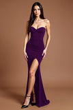 Black Sheath Satin Strapless Maxi Formal Dress with Slit