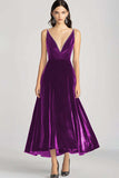 Burgundy V-Neck Velvet A Line Formal Dress