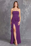 Black Sheath Satin Strapless Ruffled Maxi Formal Dress with Slit