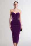 Burgundy Sheath Corset Sweetheart Midi Velvet Holiday Party Dress