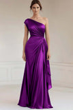 Peacock One Shoulder Sheath Satin Maxi Ruched Formal Dress