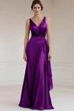 Peacock Sheath Satin Sleeveless Long Formal Dress with Ruffles
